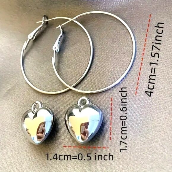 Heart Earrings Puffy Hoop Dangle Love Charm Silver Large Stylish Trendy Glam Fun - Picture 3 of 3